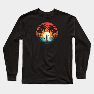 Paddle Boarder Palm Tree Sunset Long Sleeve T-Shirt